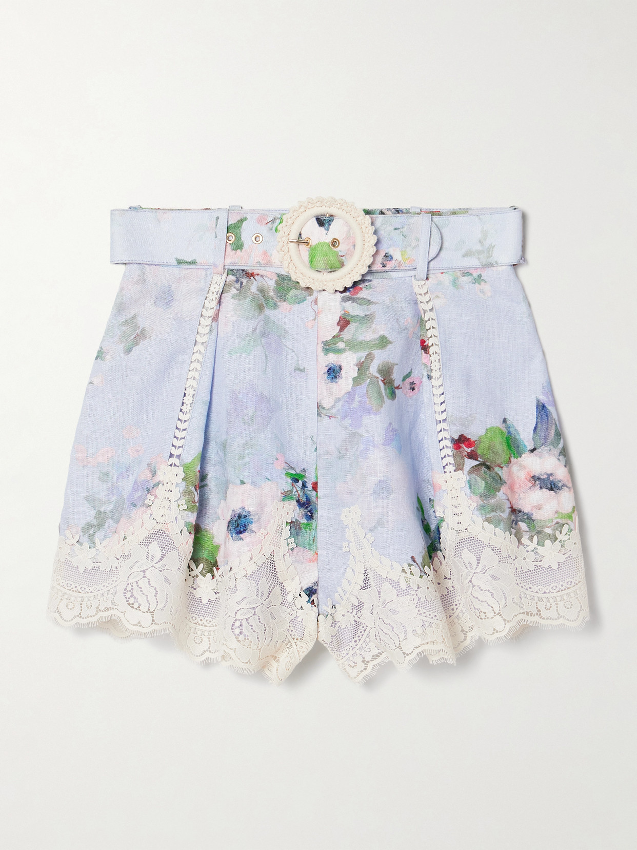 Zimmermann Womens Light Blue Floral Everley Tuck Floral-pattern Linen Shorts In Light Blue Watercolour Floral