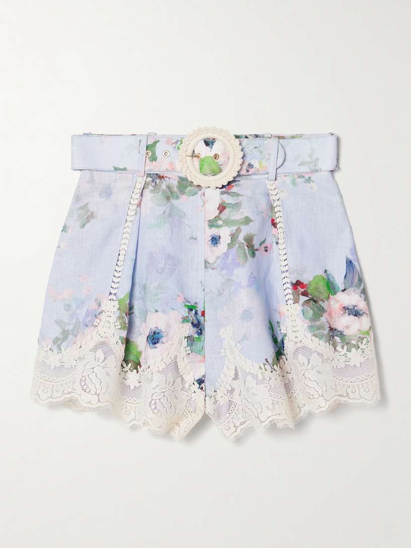 Zimmermann Everley Belted Pleated Lace-trimmed Floral-print Linen Shorts