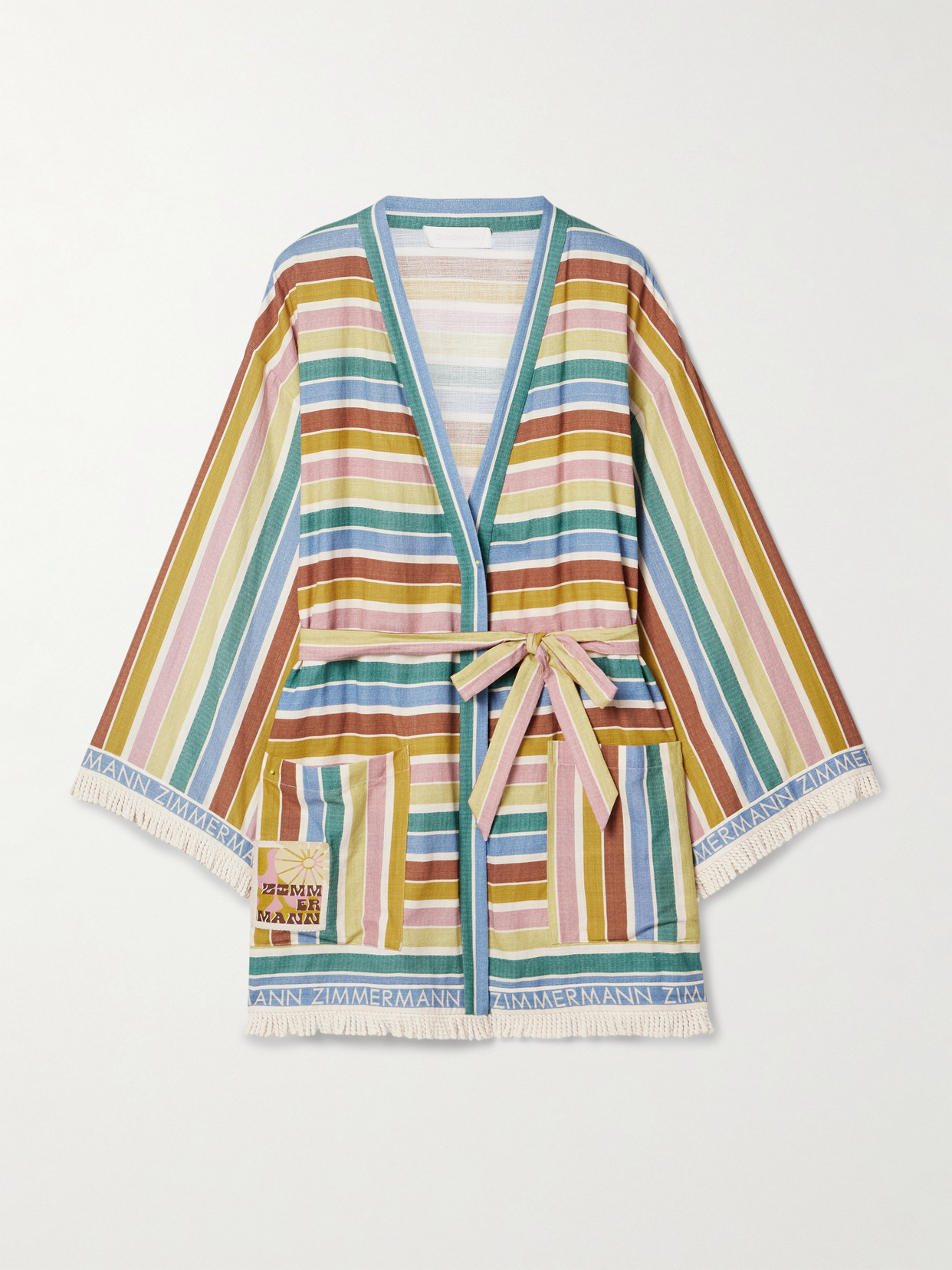 Zimmermann Everley Belted Fringed Striped Cotton-voile Robe In Multi