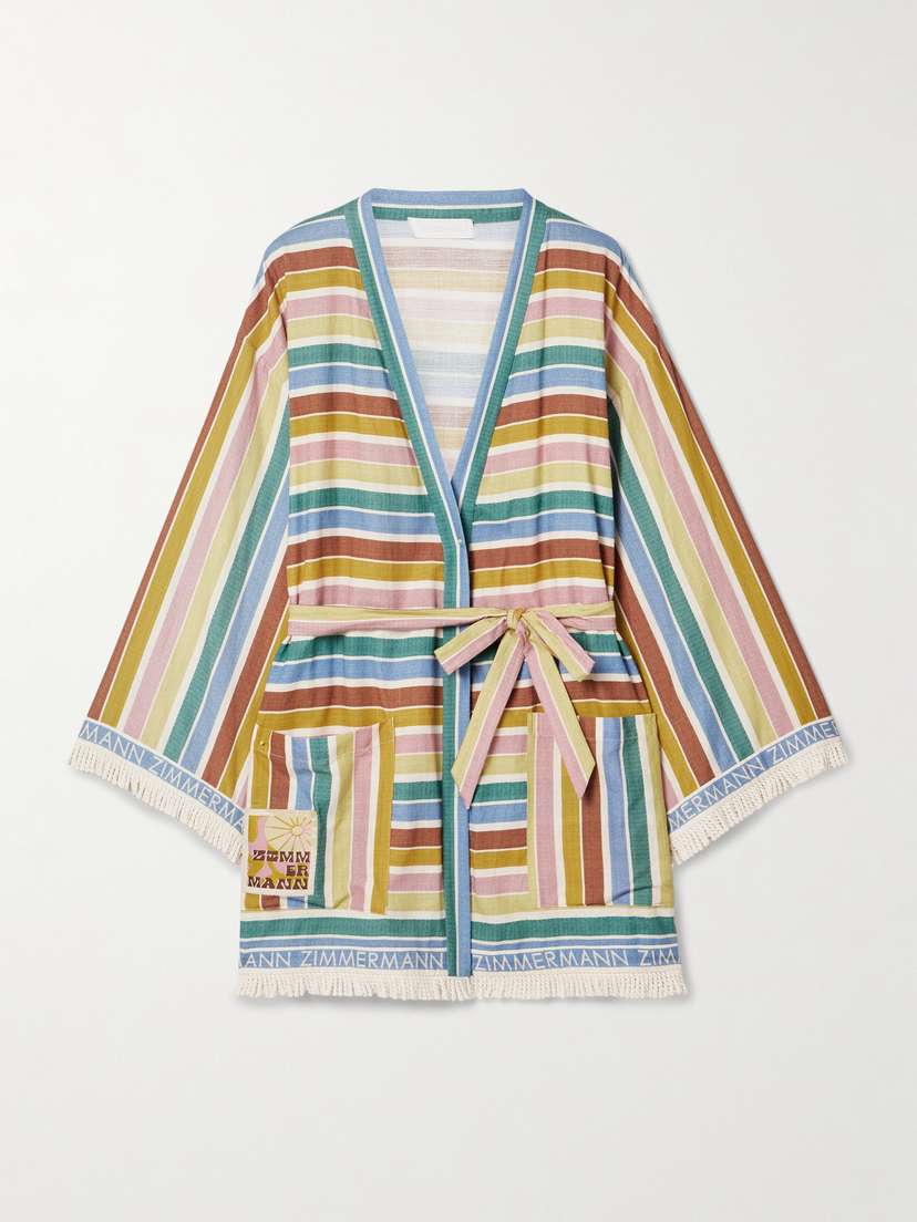 Zimmermann Everley Belted Fringed Striped Cotton-voile Robe