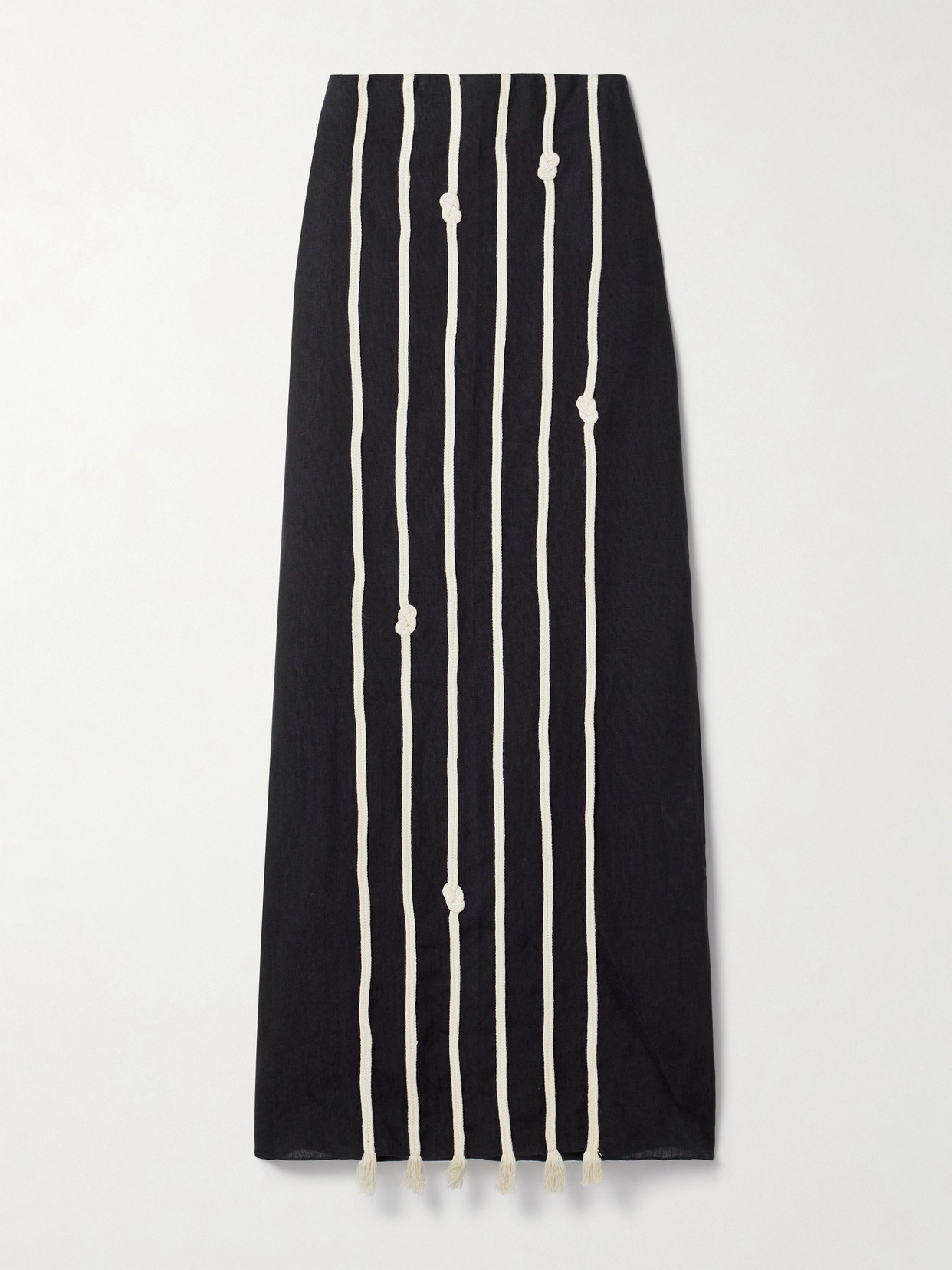Johanna Ortiz Bucanera Appliquéd Fringed Linen Maxi Skirt In Black