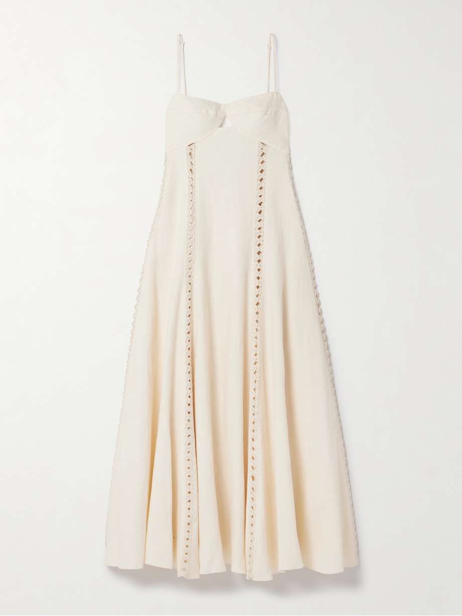 catamaran ventures crochet-trimmed embroidered linen midi dress
