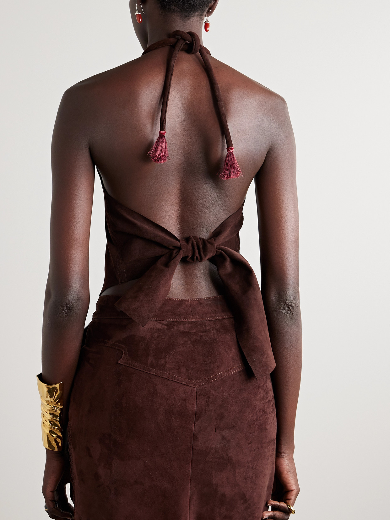 Johanna Ortiz Kell Cropped Tasseled Suede Halterneck Top In Brown