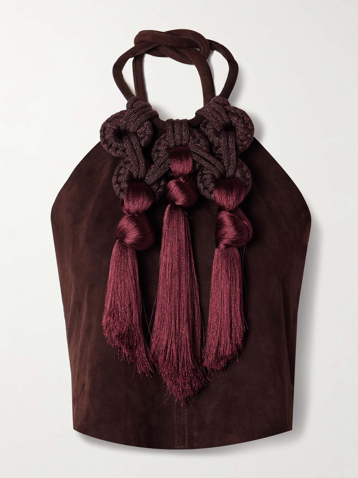 Johanna Ortiz Kell Cropped Tasseled Suede Halterneck Top In Brown