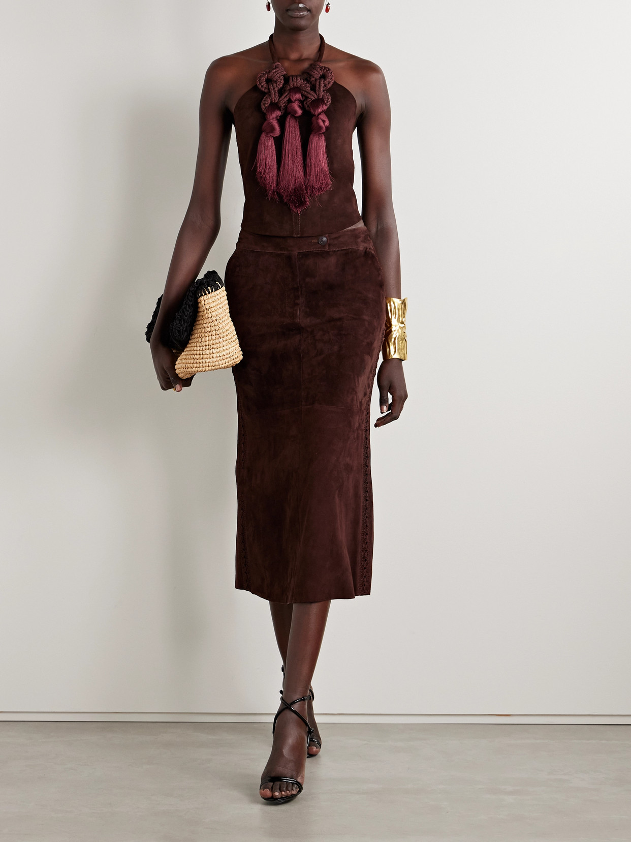 Johanna Ortiz Kell Cropped Tasseled Suede Halterneck Top In Brown