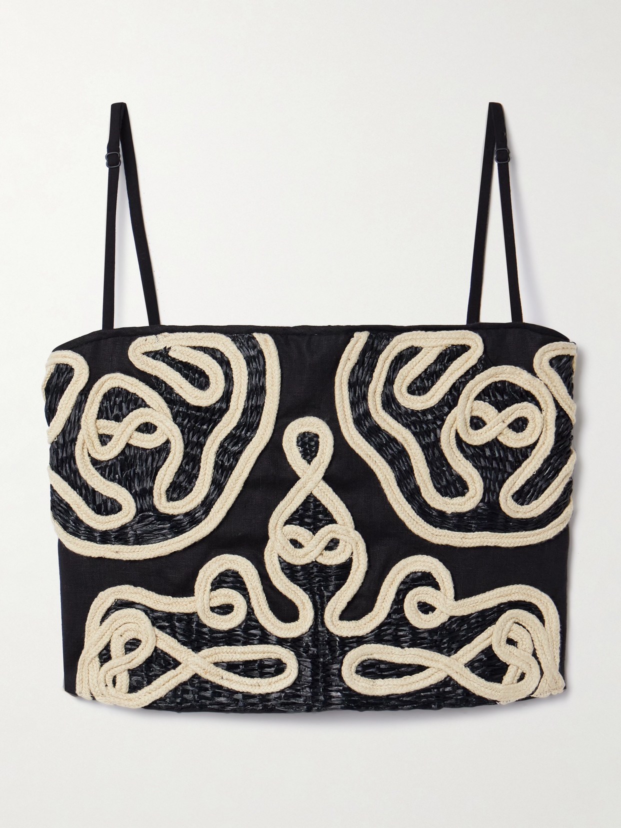 Johanna Ortiz Boat Lines Cropped Appliquéd Straw-trimmed Linen Top In Black