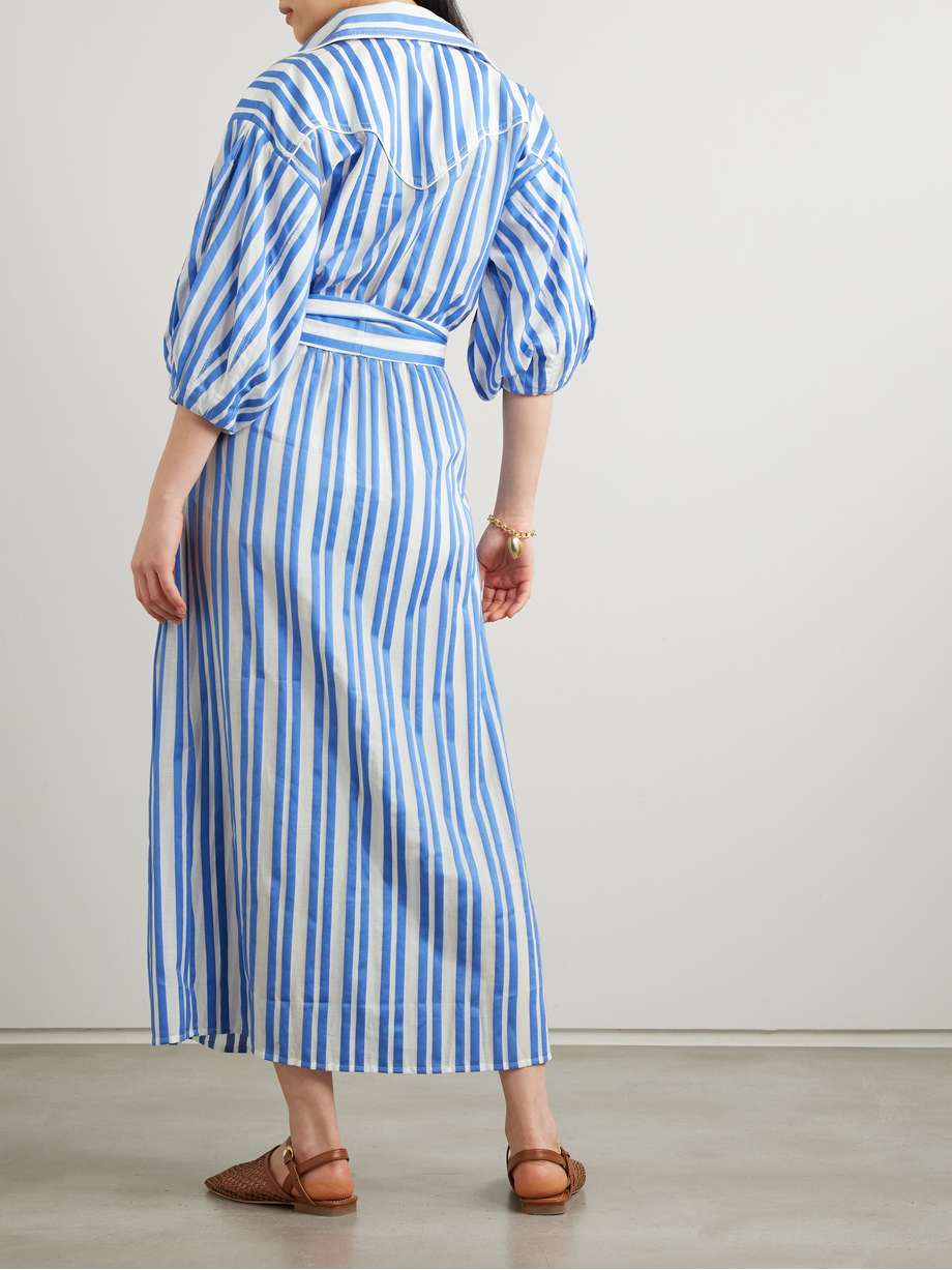 buena mar belted striped cotton-voile midi dress