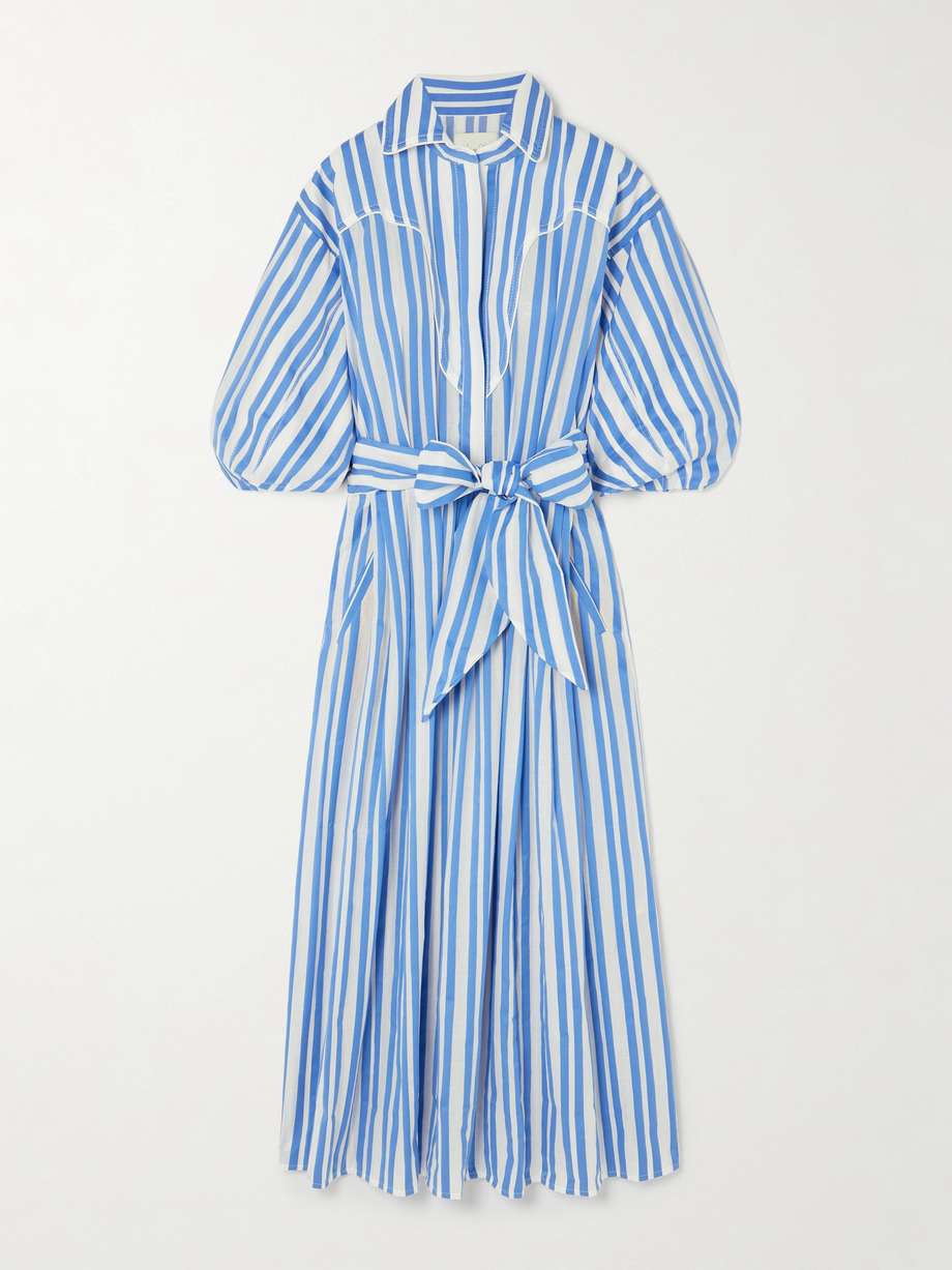 buena mar belted striped cotton-voile midi dress