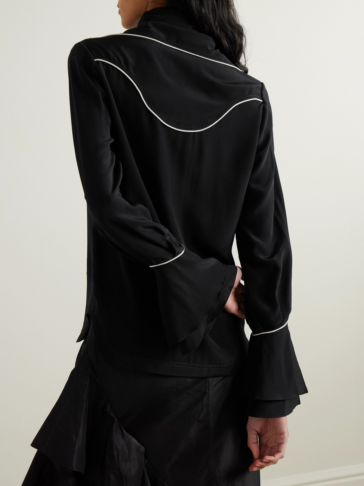 Johanna Ortiz Black High Tides Piped Silk Shirt In Black