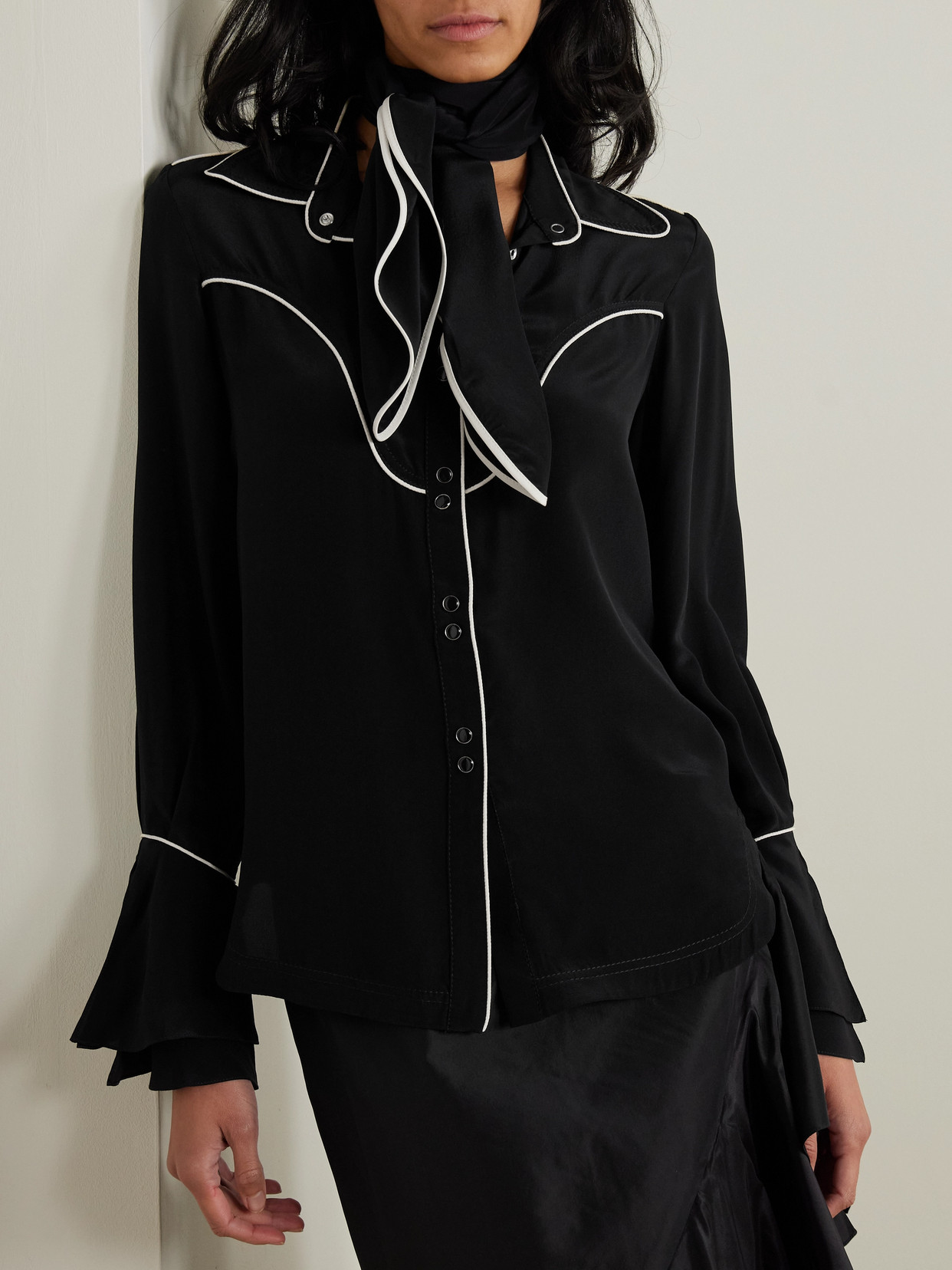 Johanna Ortiz Black High Tides Piped Silk Shirt In Black