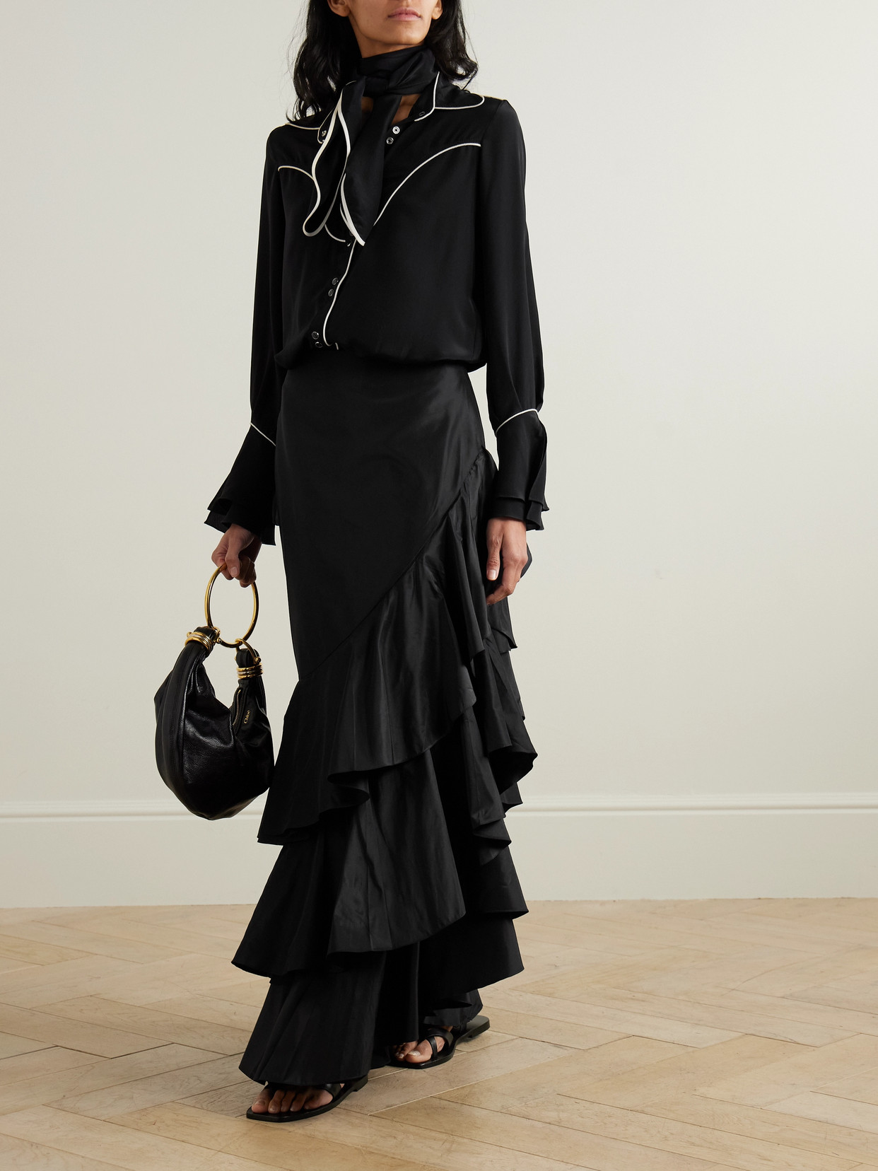 Johanna Ortiz Black High Tides Piped Silk Shirt In Black