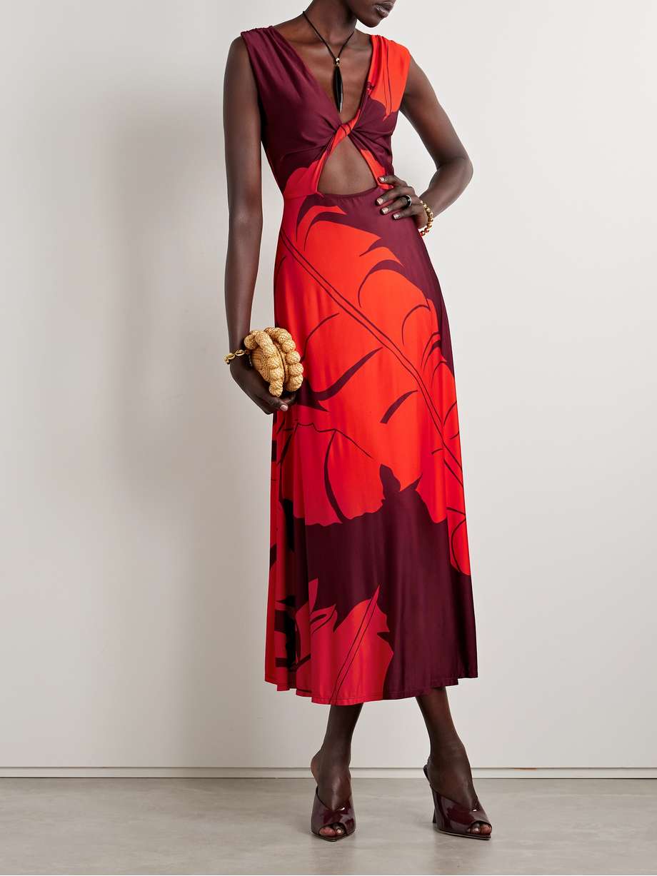 deep heart twist-front cutout printed stretch-jersey midi dress