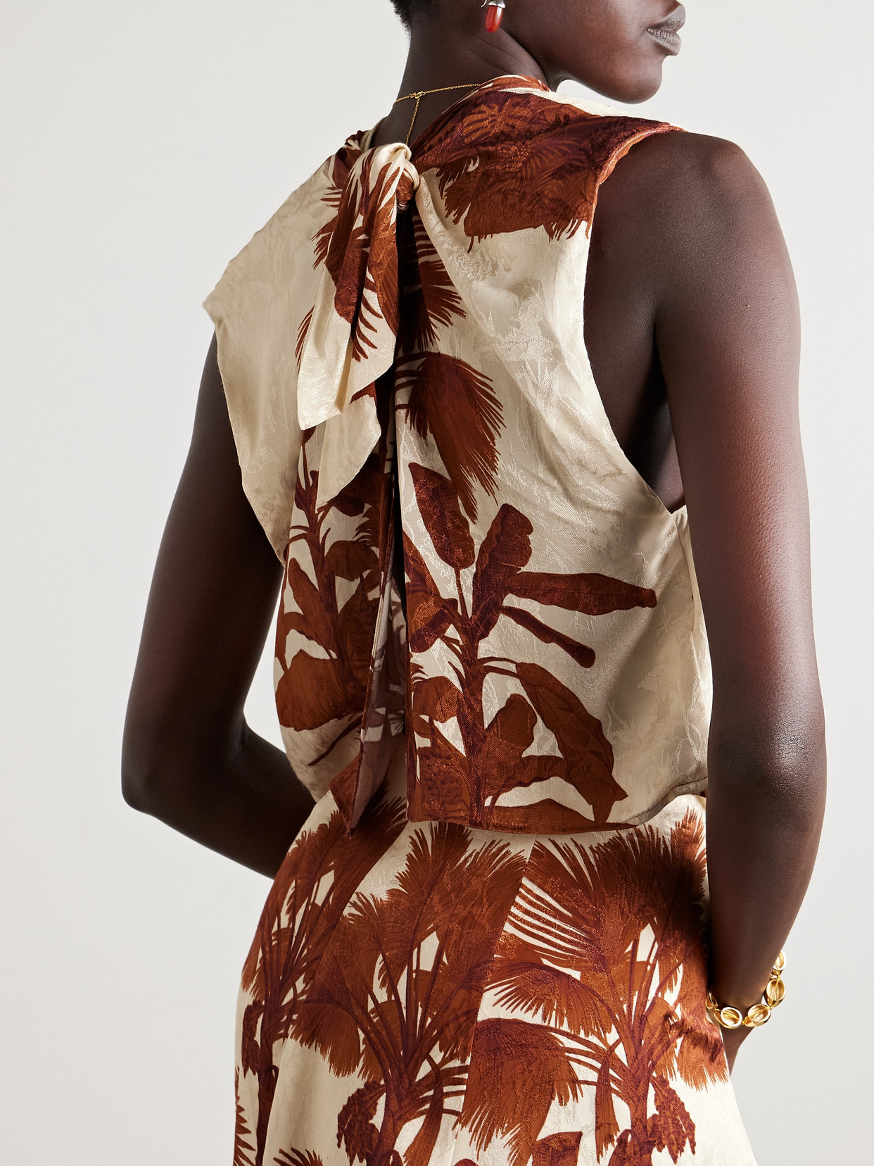Island Stories Open-Back Draped Printed Satin-Jacquard Top