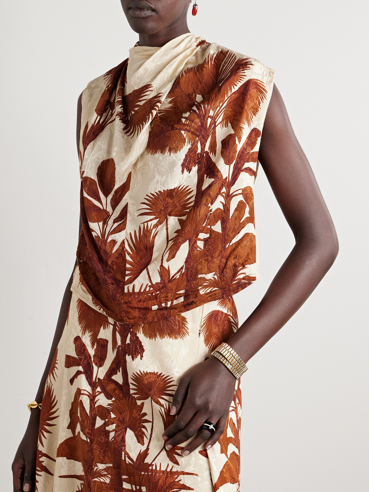 Island Stories Open-Back Draped Printed Satin-Jacquard Top