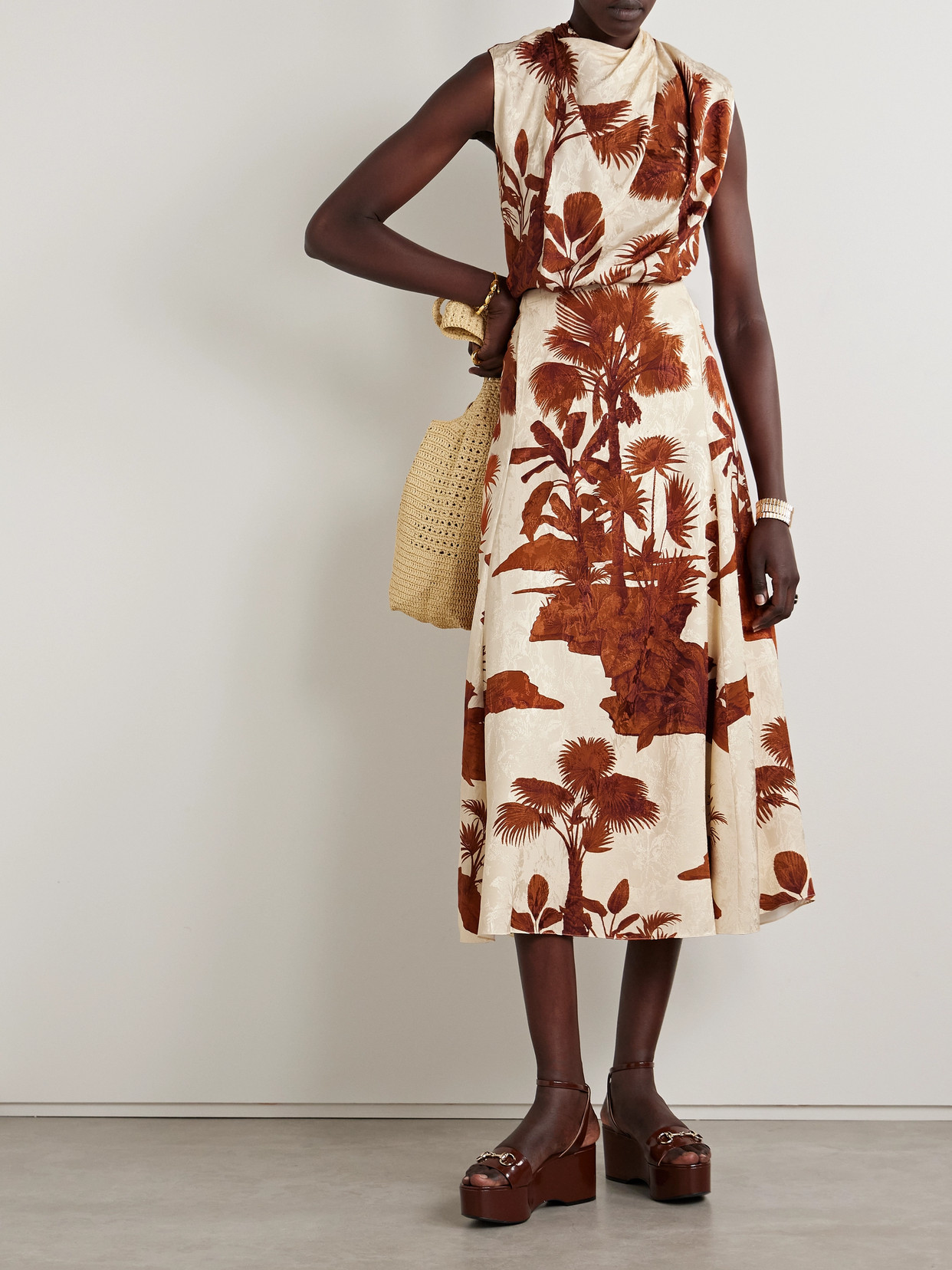 Island Stories Open-Back Draped Printed Satin-Jacquard Top