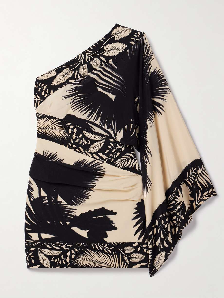 forest one-sleeve ruched printed silk crepe de chine mini dress