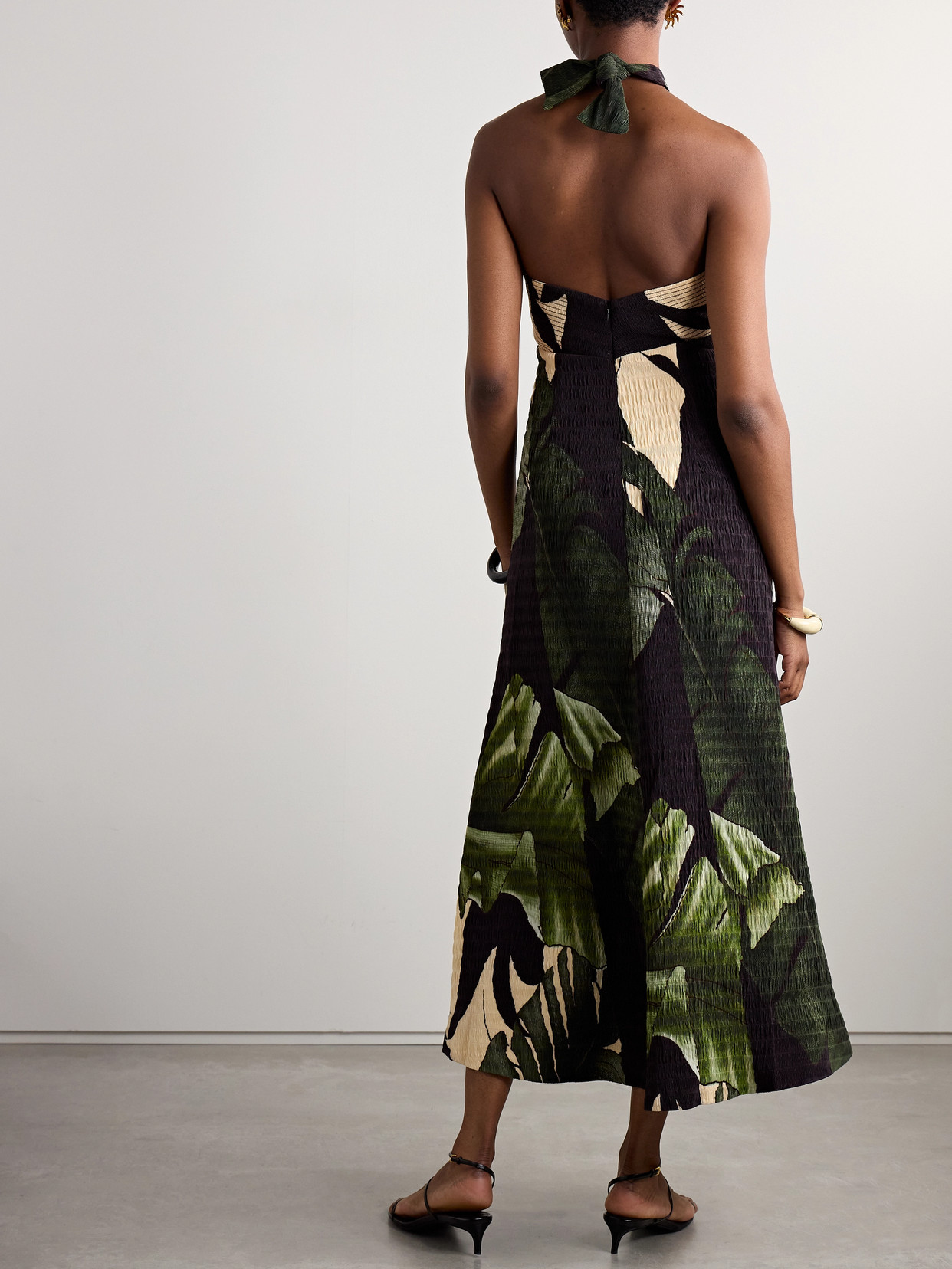 Johanna Ortiz Elegant Expedition Printed Plissé-satin Halterneck Midi Dress In Green