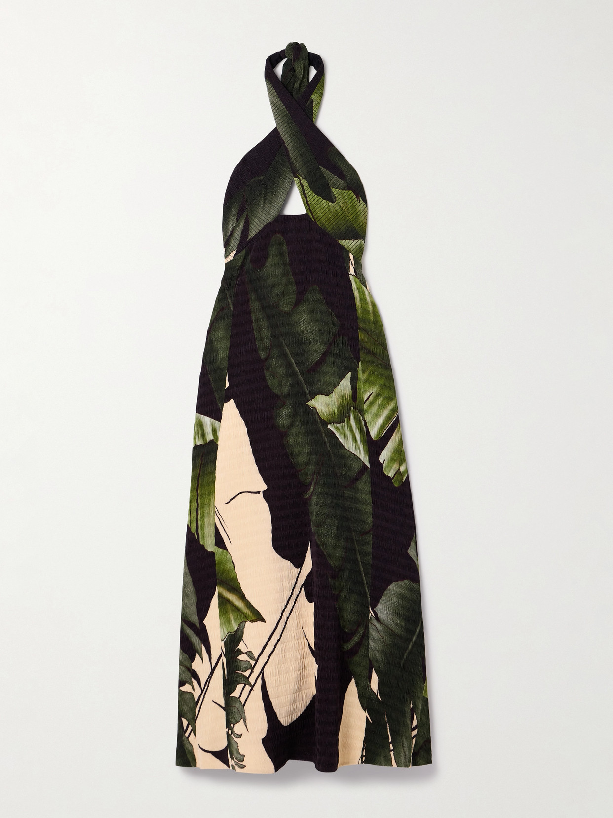 Shop Johanna Ortiz Elegant Expedition Printed Plissé-satin Halterneck Midi Dress In Green