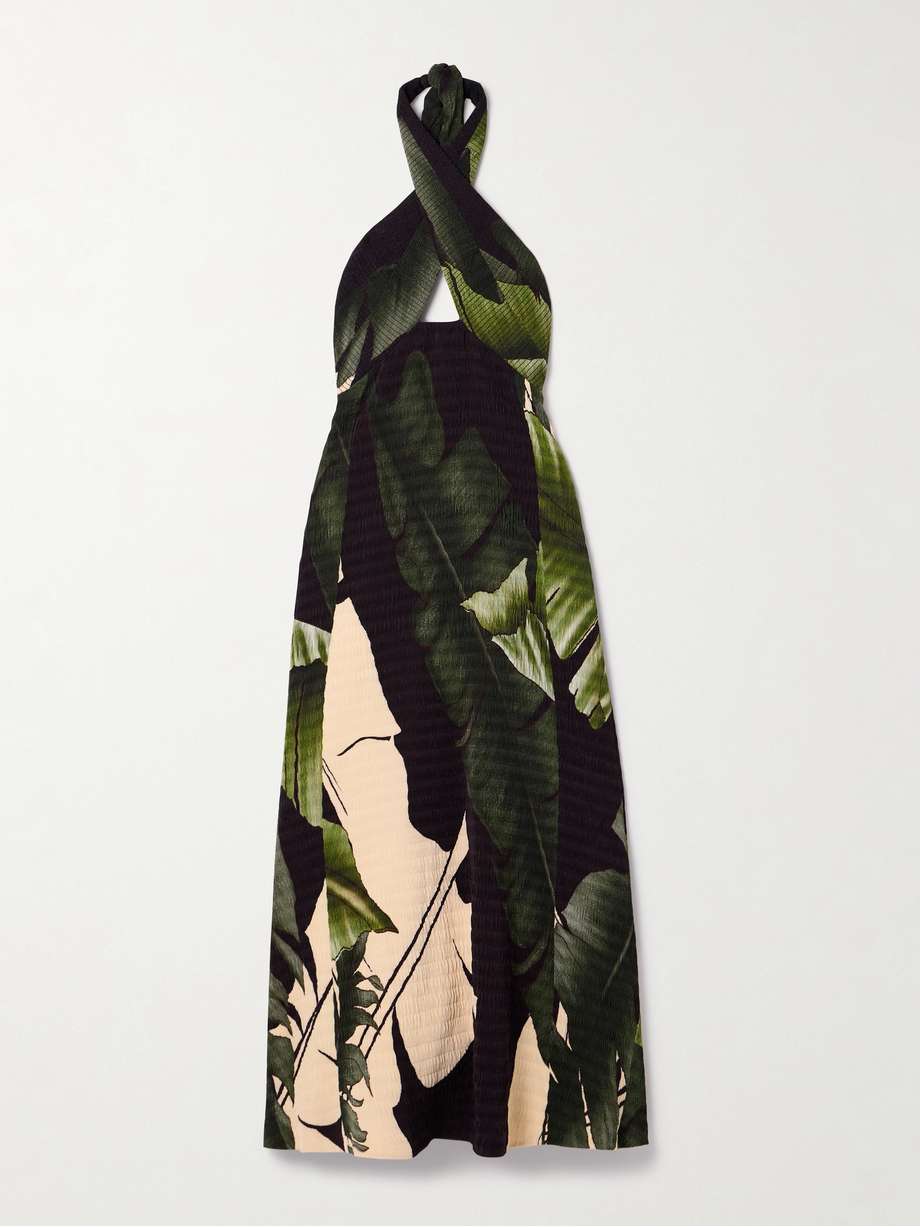 elegant expedition printed plissé-satin halterneck midi dress