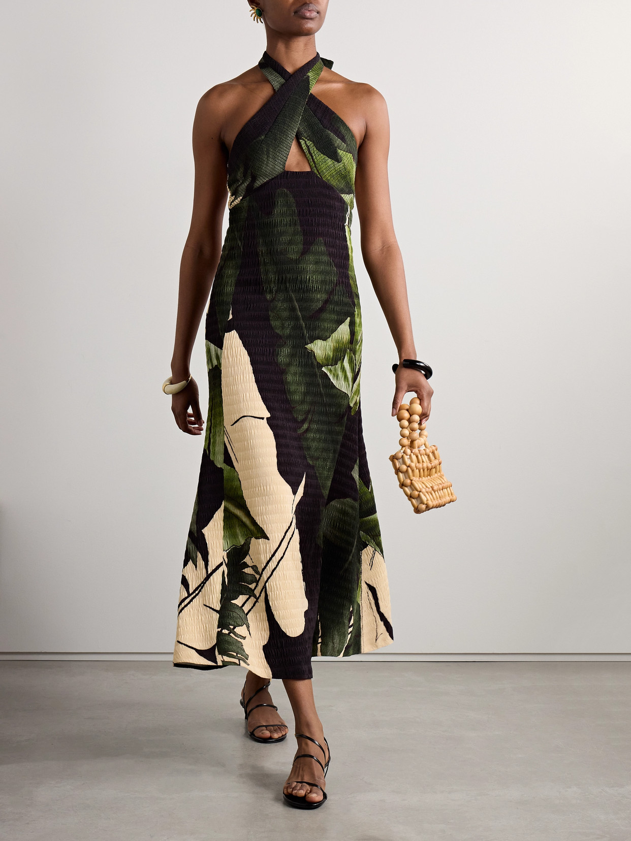 Johanna Ortiz Elegant Expedition Printed Plissé-satin Halterneck Midi Dress In Green