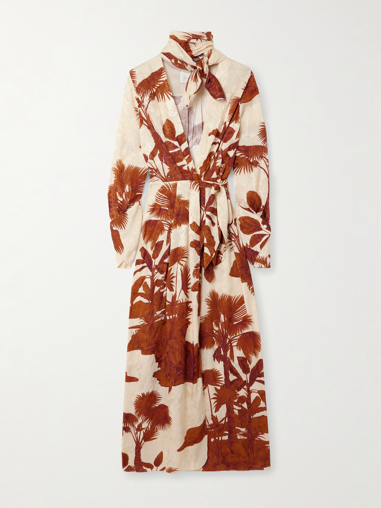 Johanna Ortiz - Unmooring Tie-detailed Printed Satin-jacquard Midi Wrap Dress - Brown