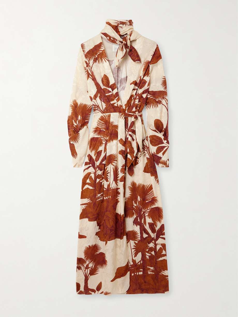 unmooring tie-detailed printed satin-jacquard midi wrap dress