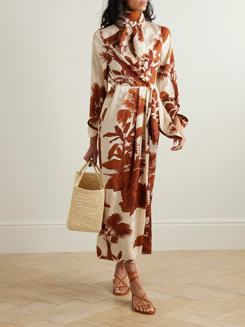 Johanna Ortiz Unmooring tie-detailed printed satin-jacquard midi wrap dress