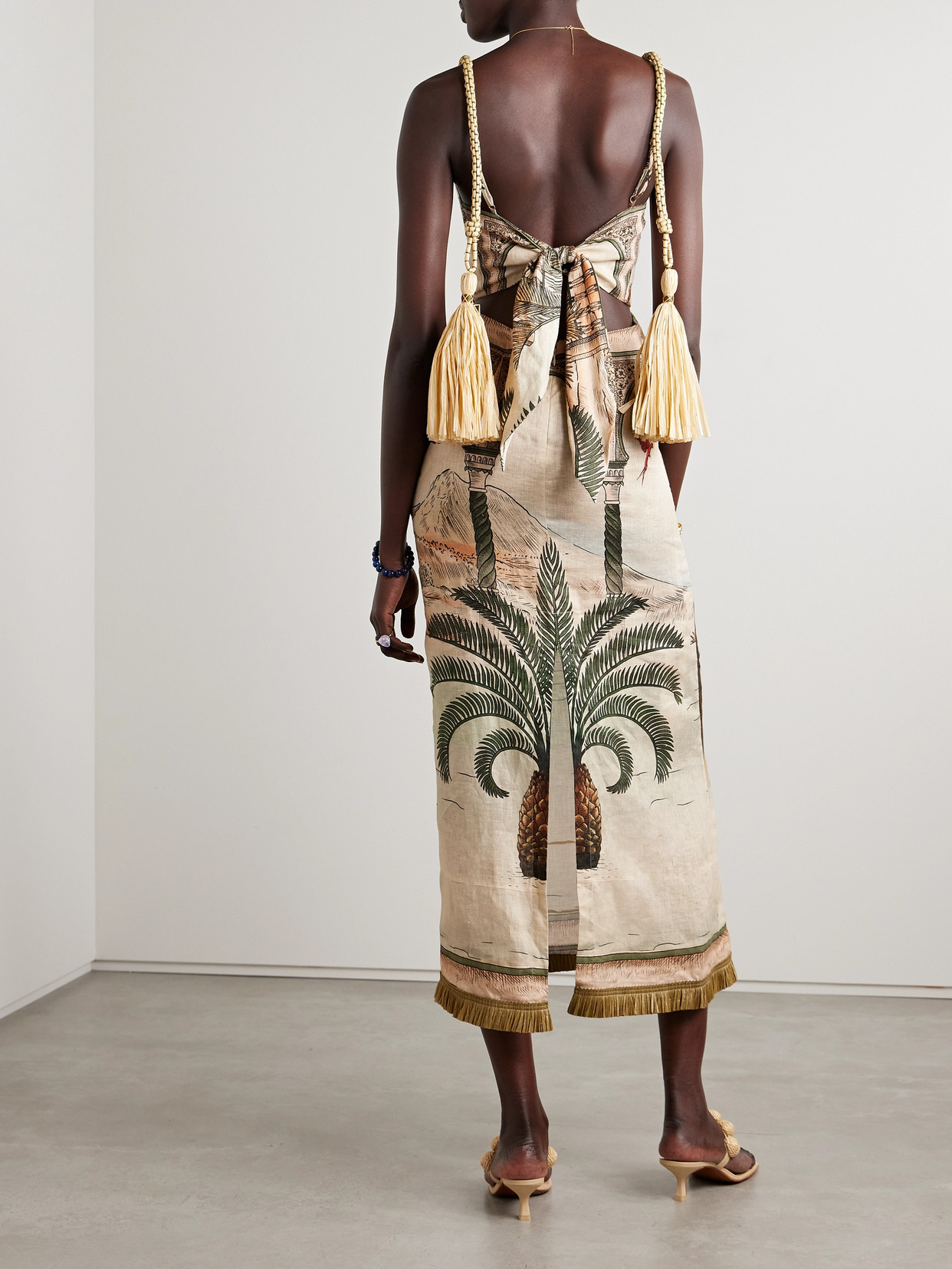 Johanna Ortiz Cartagening Tasseled Straw-trimmed Printed Linen-voile Midi Dress In Ecru
