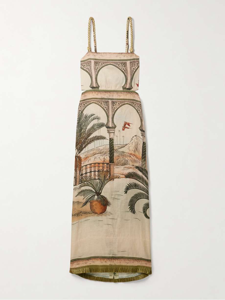 cartagening tasseled straw-trimmed printed linen-voile midi dress