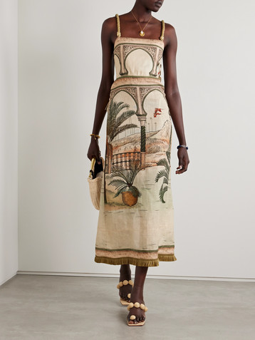 Johanna Ortiz Cartagening tasseled straw-trimmed printed linen-voile midi dress