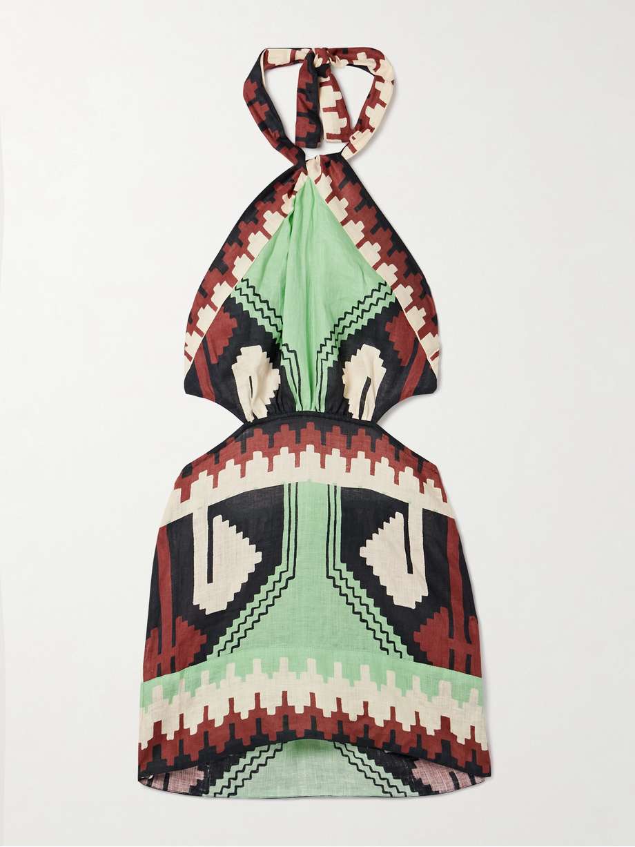 tide strength open-back printed linen halterneck mini dress