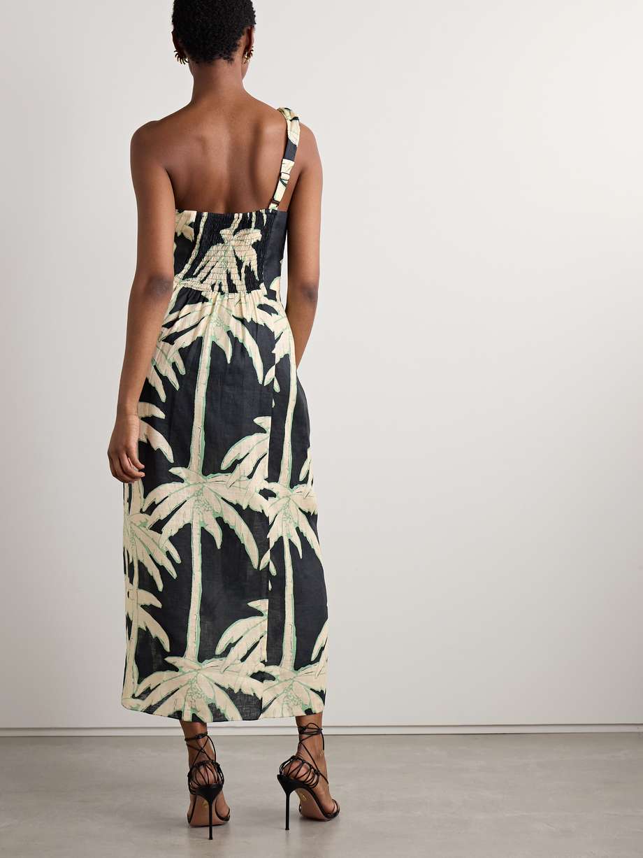 dark palms one-shoulder printed linen wrap-effect midi dress