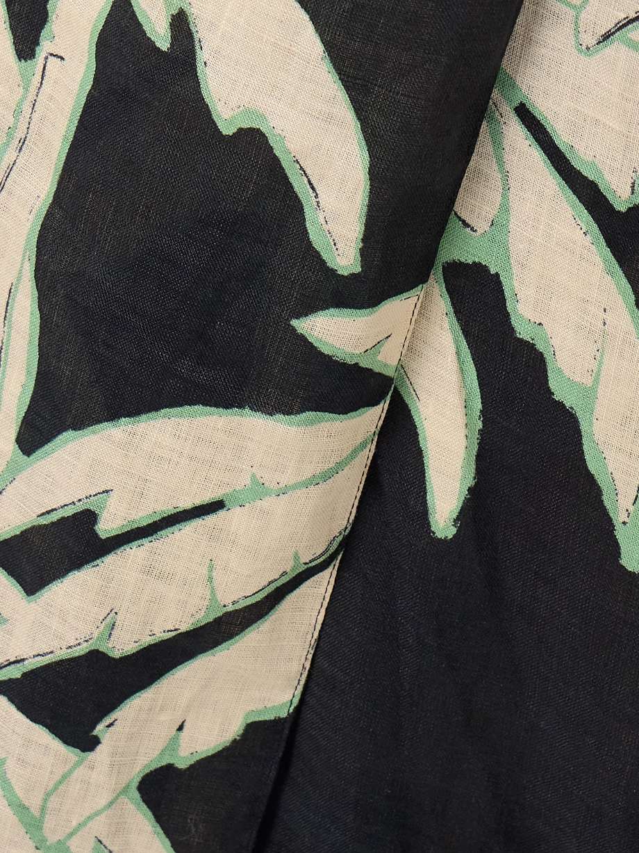 dark palms one-shoulder printed linen wrap-effect midi dress