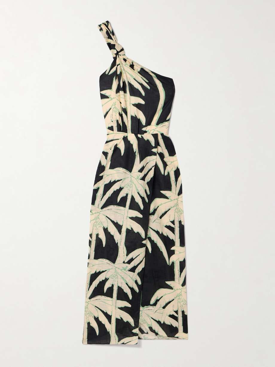 dark palms one-shoulder printed linen wrap-effect midi dress