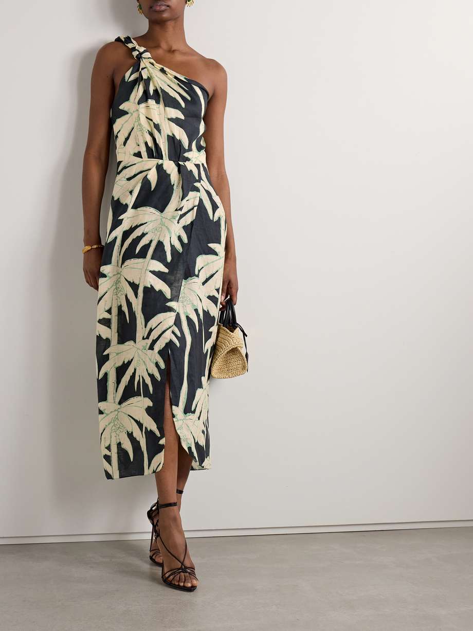 dark palms one-shoulder printed linen wrap-effect midi dress