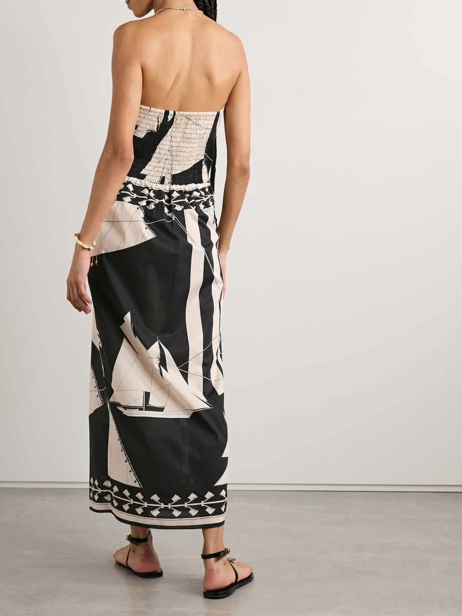 sailboats pontoon afternoon strapless printed organic cotton wrap-effect midi dress