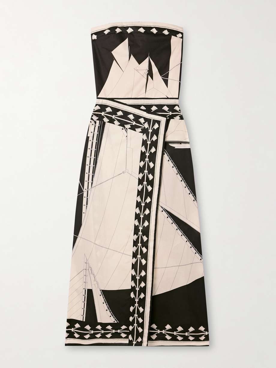 sailboats pontoon afternoon strapless printed organic cotton wrap-effect midi dress