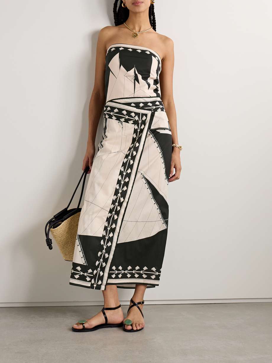 sailboats pontoon afternoon strapless printed organic cotton wrap-effect midi dress