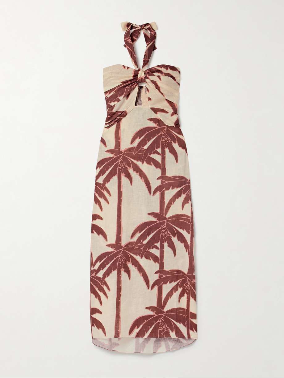 water adventure cutout printed linen halterneck midi dress