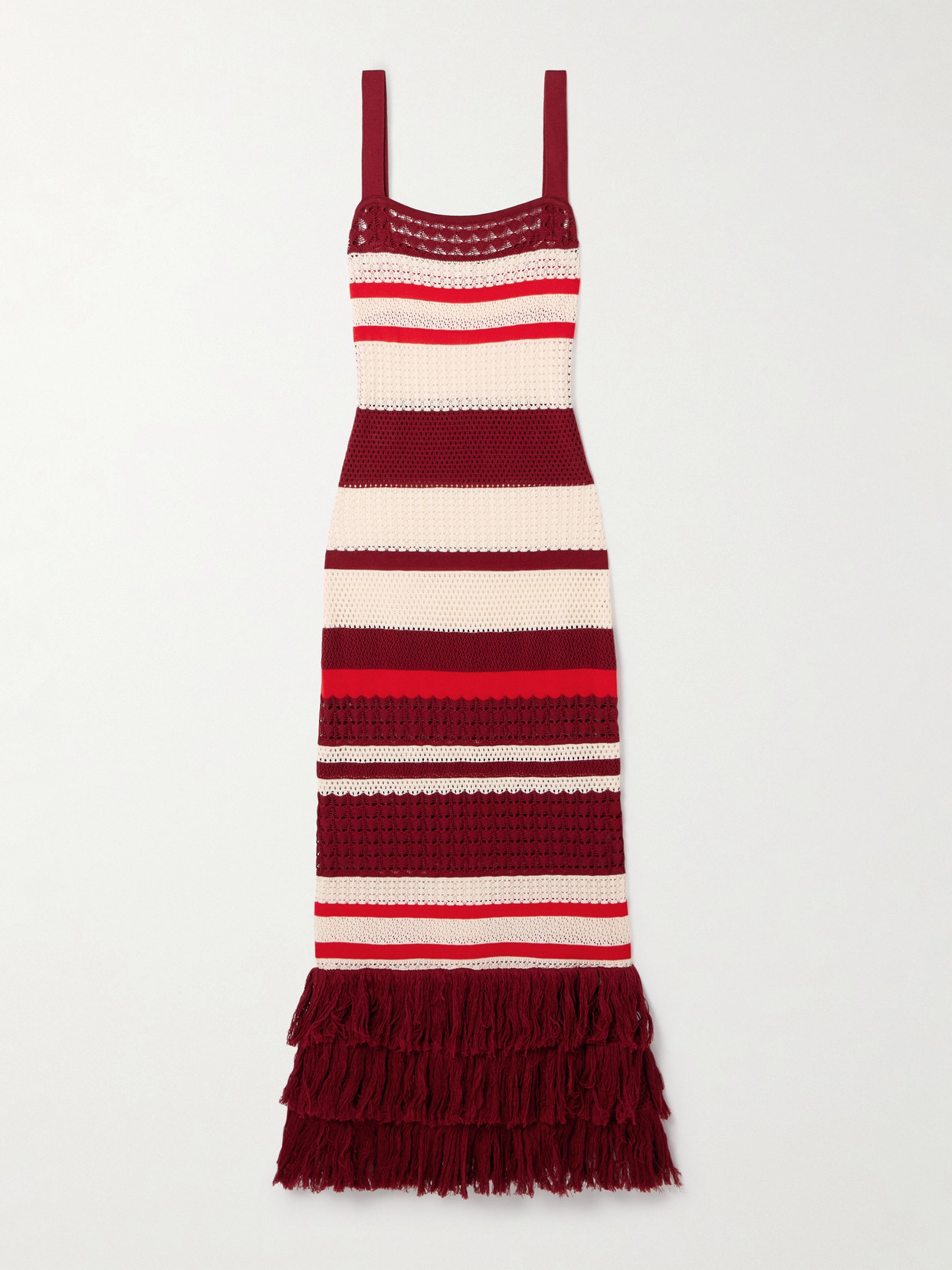 Johanna Ortiz Embayed Fringed Crocheted Pima Cotton Maxi Dress In Burgundy