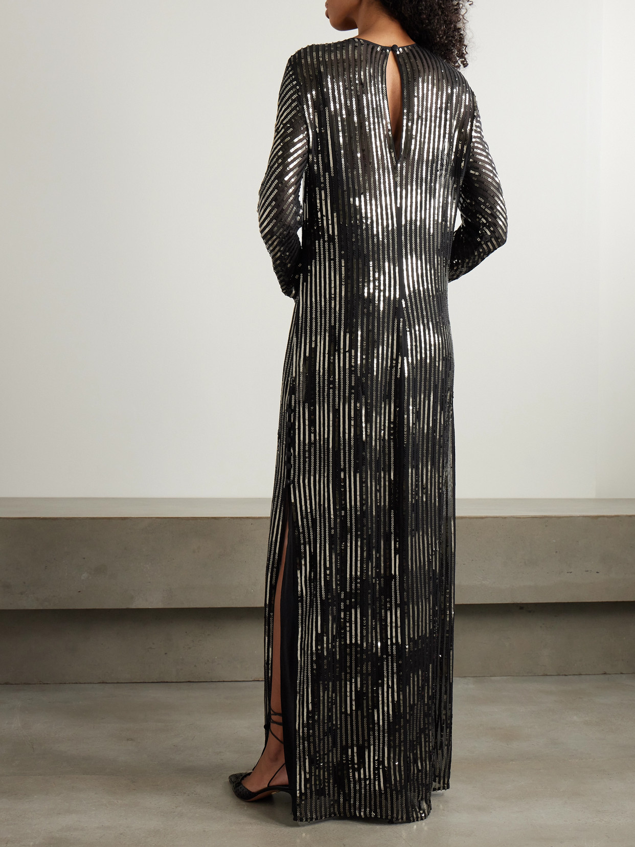 Johanna Ortiz Sequin Nautical Striped Long-sleeve Maxi Tunic Dress In Black