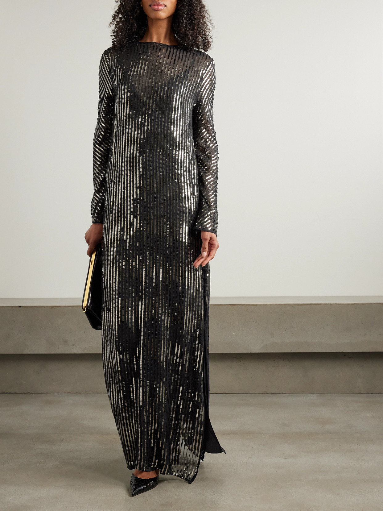 Johanna Ortiz Sequin Nautical Striped Long-sleeve Maxi Tunic Dress In Black