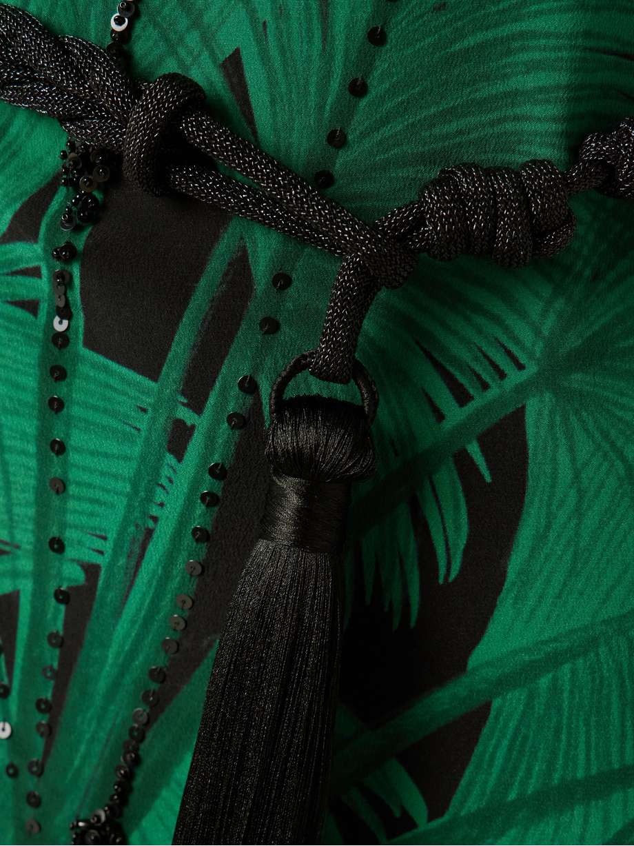 exceptional joy belted embellished printed silk crepe de chine maxi dress