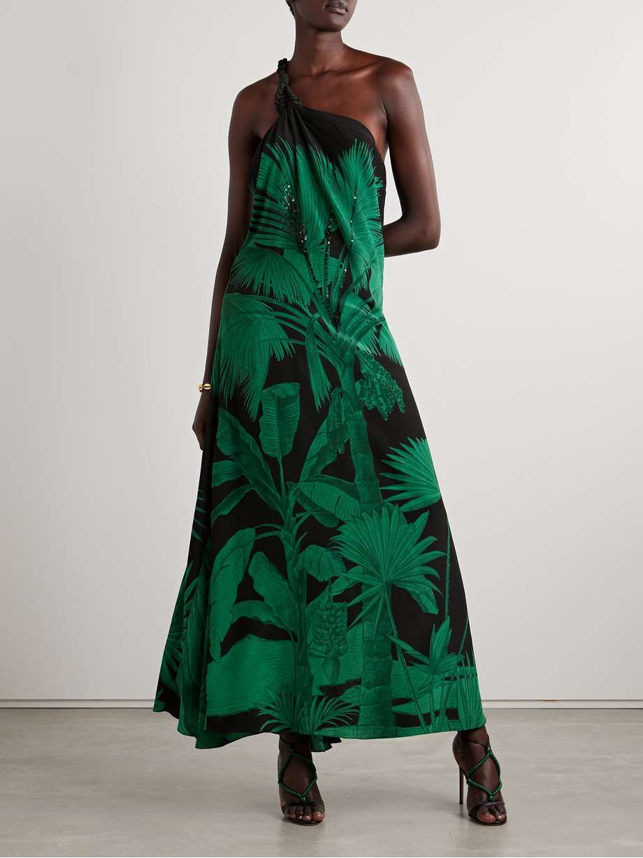 exceptional joy belted embellished printed silk crepe de chine maxi dress