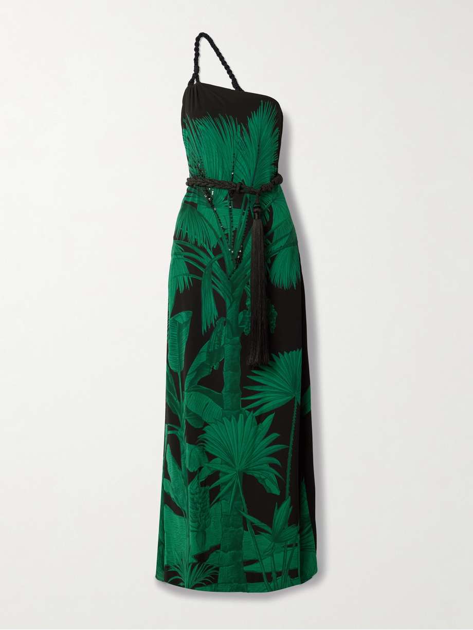 exceptional joy belted embellished printed silk crepe de chine maxi dress