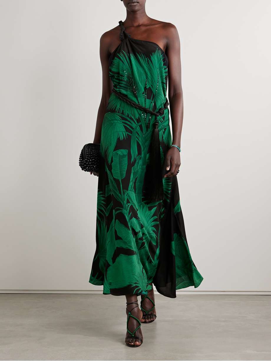 exceptional joy belted embellished printed silk crepe de chine maxi dress