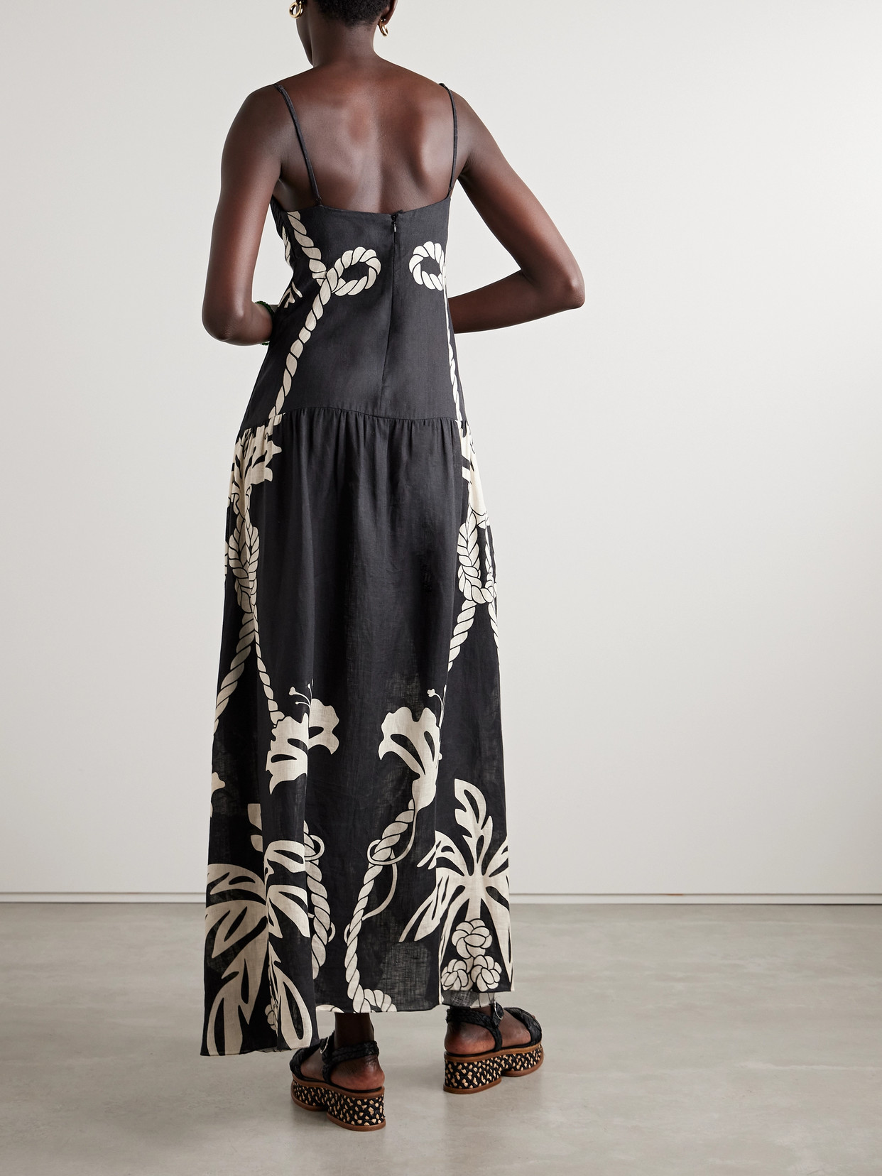 JOHANNA ORTIZ ENLIGHTENED SAILOR TIERED CUTOUT PRINTED LINEN MAXI DRESS