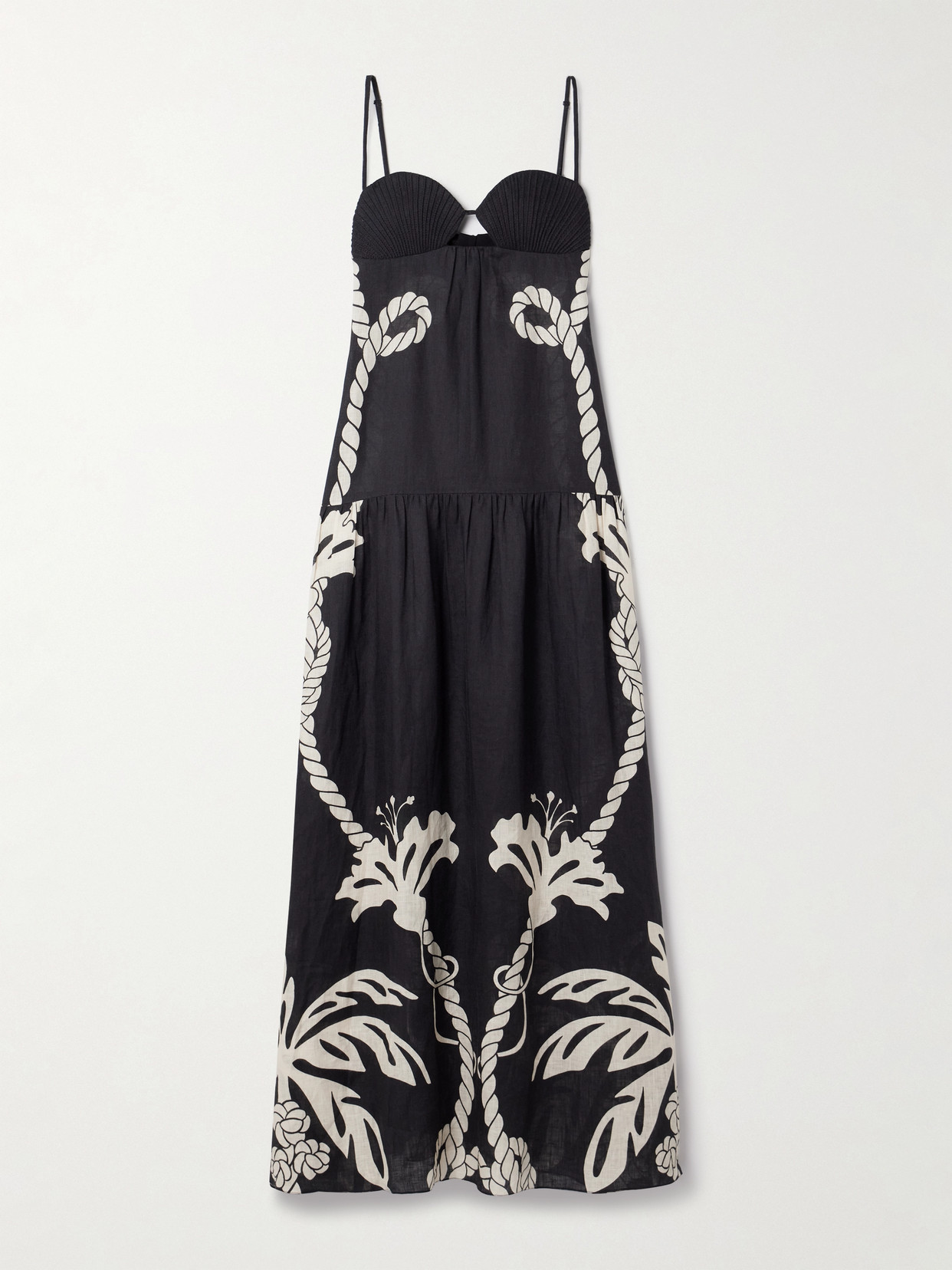 JOHANNA ORTIZ ENLIGHTENED SAILOR TIERED CUTOUT PRINTED LINEN MAXI DRESS