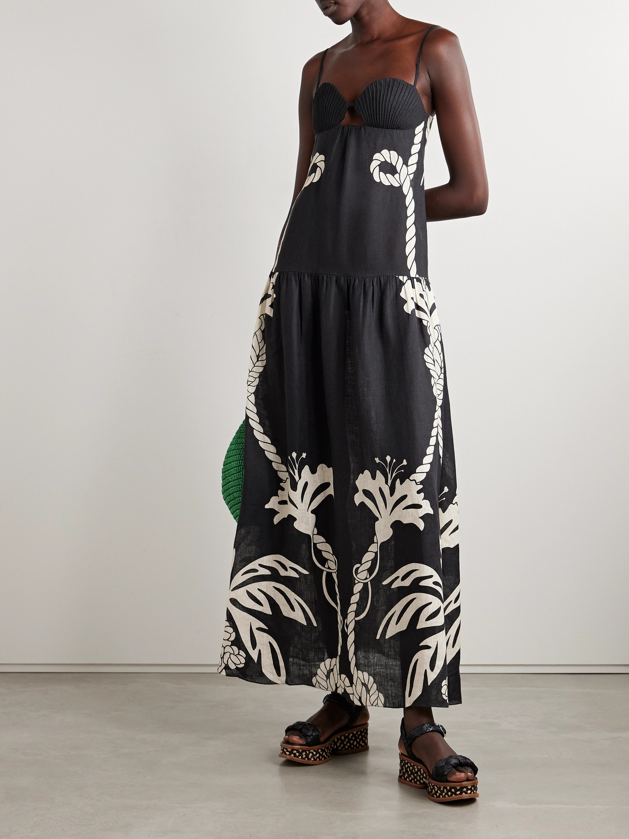 JOHANNA ORTIZ ENLIGHTENED SAILOR TIERED CUTOUT PRINTED LINEN MAXI DRESS