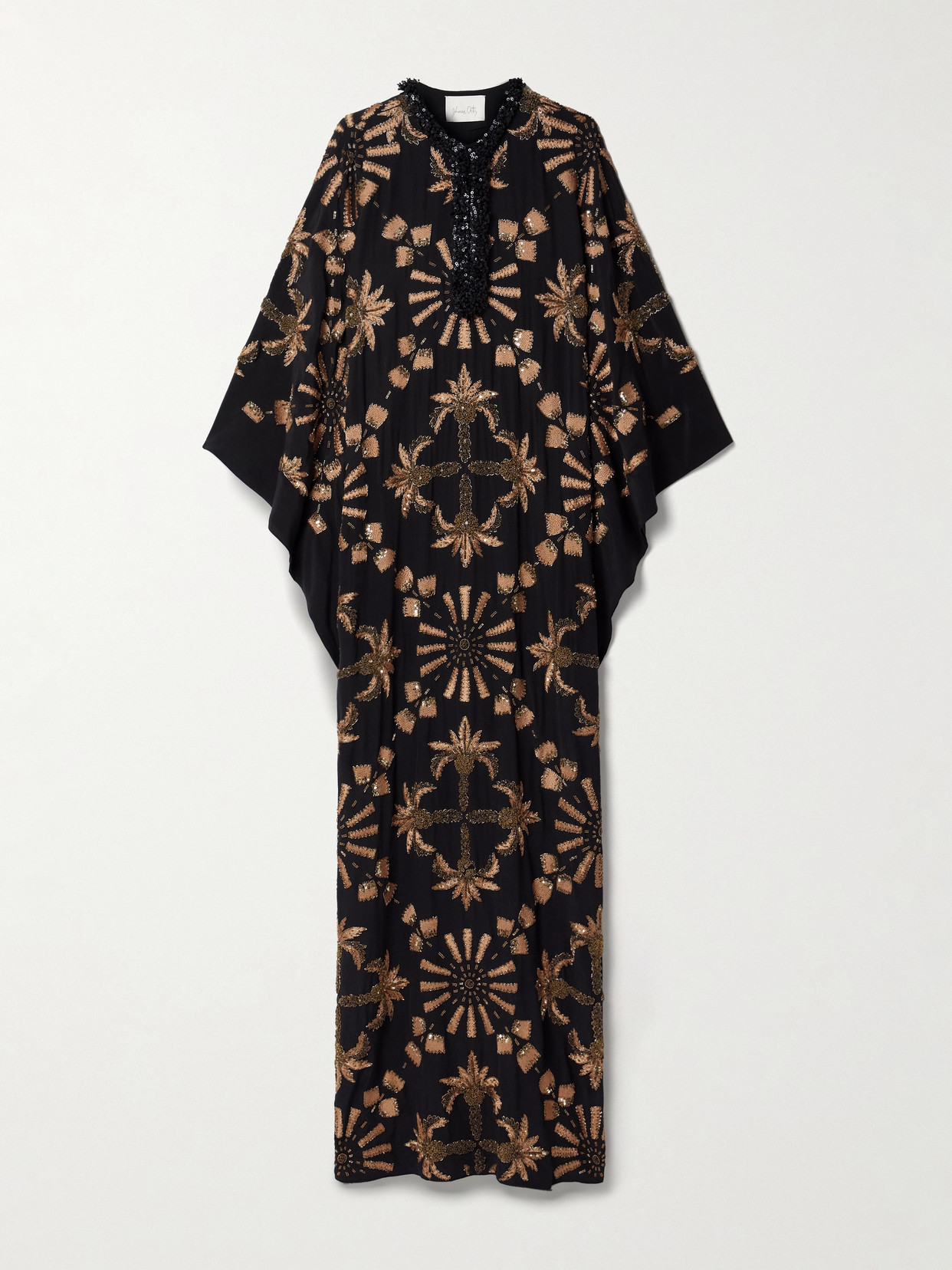Shop Johanna Ortiz Golden Hour Embellished Embroidered Silk Crepe De Chine Maxi Dress In Black